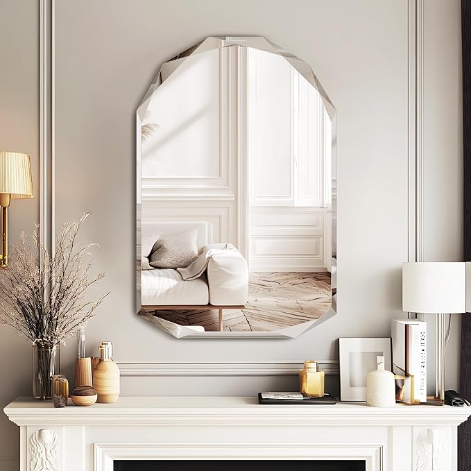 Bathroom Mirror for Wall, 24" x 36" Arched Mirror, Bathroom Vanity Mirror, Beveled Edge Frameless Wall Mount Vanity Mirrors, Wall Mirrors Decorative, Irregular Beveled Edge Mirror