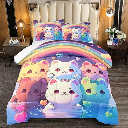 Rainbow Cat Comforter Full Size - Rainbow Cat Bedding for Girls Room Cute Cartoon Rainbow Bedding Full Comforter Sets for Kids, 1 Comforter+2 Pillowcases