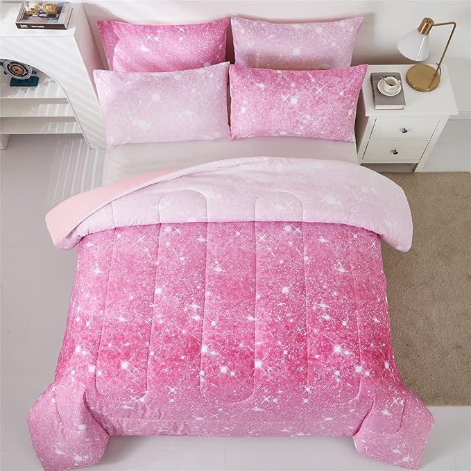 Pink Glitter Comforter Twin Size for Girls, Sparkle Galaxy Twinkle Starlight Comforter for Kids Teen,2 Piece Pink Ombre Pastel Bedding Set with 1 Pillow Case(Pink)