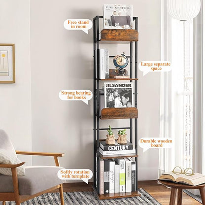 Bikoney Bookshelves 5-Tier, Rotating Bookshelf Tower for Corner, Small Bookcase, Tall Industrial Bookshelf, Narrow Bookshelf, Wood and Metal Black