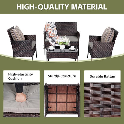 Patio Furniture Set 4 Pieces Conversation Sets Outdoor Wicker Rattan Chairs Garden Backyard Balcony Porch Poolside Loveseat with Soft Cushion and Tempered Glass Table(Brown/Grey)