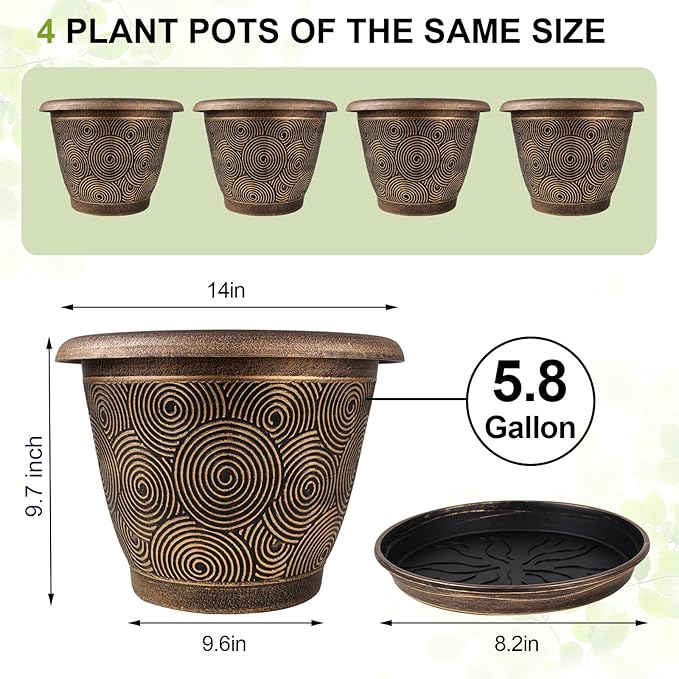 14 Inch Large Planter Pot for Plants Indoor Outdoor, 4 Pack Plastic Flower Pots with Drainage Hole & Tray, Modern Decorative Garden Pot with Saucer, Plant Container for House