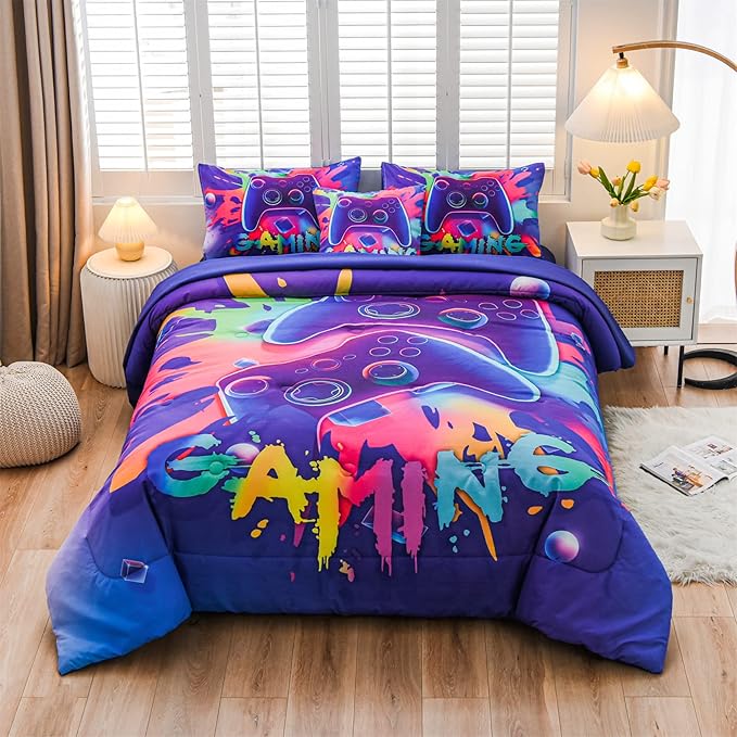 Aimuan Gaming Comforter Sets for Boys Kids Bedding Sets Video Games Console Action Buttons Novelty Colorful Game Gamepad Controller Modern Gamer Room Decor Home Quilt Set (Queen 6 Pcs,Purple)