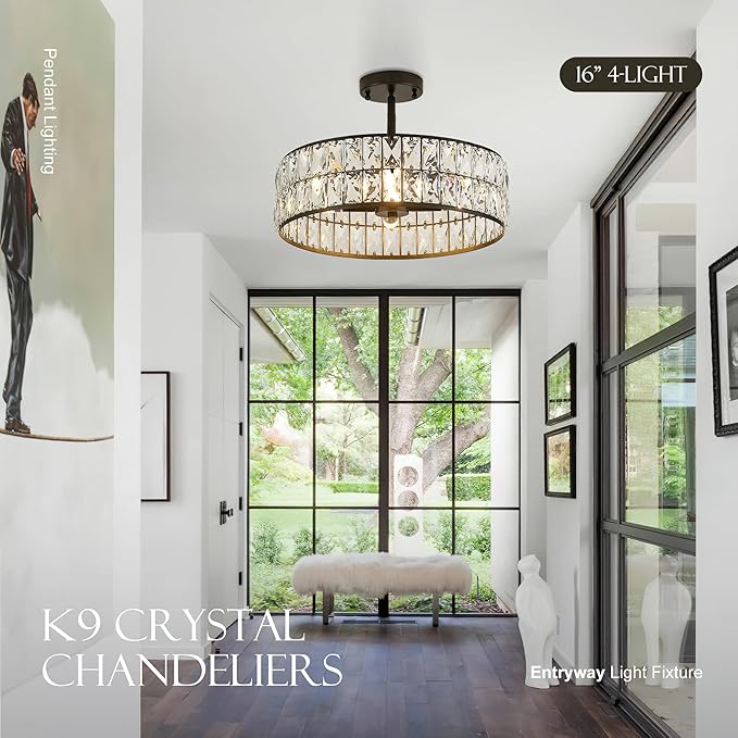 16” 4-Light Modern Crystal Chandeliers Black Dinning Room Light Fixture with Two Rods, Round Pendant Light Kitchen Island Chandelier, Flush Mount Ceiling Light for Living Room Entryway