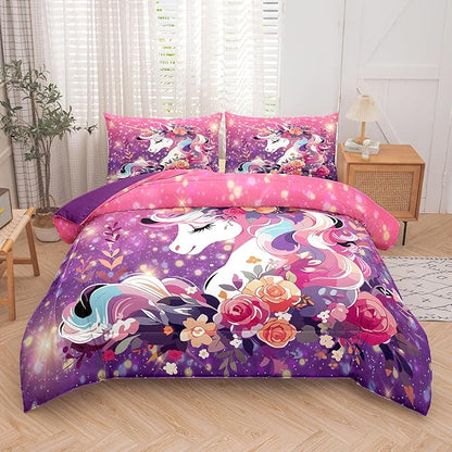 Tailor Shop Unicorn Kids Bedding Set for Girls Pink Purple Flower Unicorn Comforter Set King Galaxy Bedding Sets All Season with 2 Pillowcase……