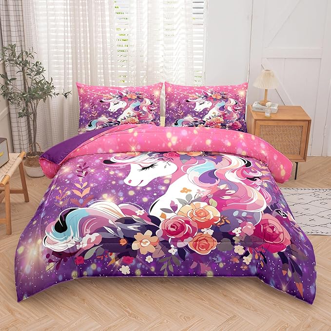 Tailor Shop Girls Twin Bedding Set Pink Purple Unicorn Girls Comforter Set Kids Bedding Sets for Girls All Season with 1 Pillowcase………