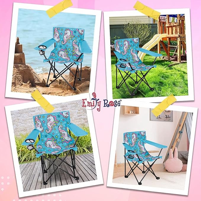 Emily Rose Kids Folding Chair | Beach Chair with Safety Lock- Camping Chair for Boyos Girls Toddler with Cup Holder & Carry Case- Tailgate, Travel, Lawn- for Indoor & Outdoor (Sea Unicorns)