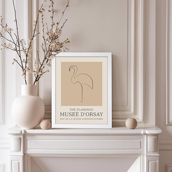 Poster Master Vintage Poster - Retro Minimalist Print - Gift for Artist, Housewarming - Flamingo, Line Drawing, Sketch, Abstract - Wall Decor for Living Room, Bedroom, 8x10 White Framed