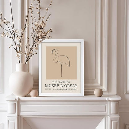Poster Master Vintage Poster - Retro Minimalist Print - Gift for Artist, Housewarming - Flamingo, Line Drawing, Sketch, Abstract - Wall Decor for Living Room, Bedroom, 8x10 White Framed