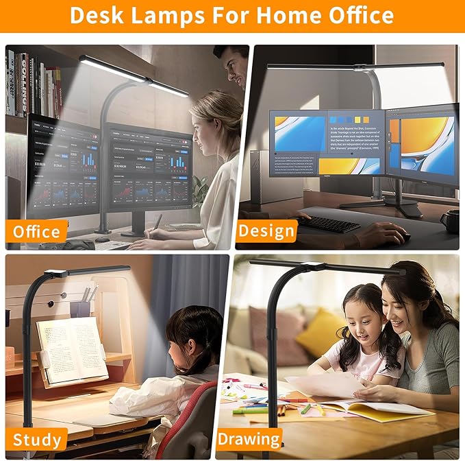 LED Desk Lamp for Home Office - 24W Bright Double Head Desk Light with Clamp Eye Caring Architect Task light 25 Lighting Modes Adjustable Flexible Gooseneck Lamp for Workbench Drafting Study