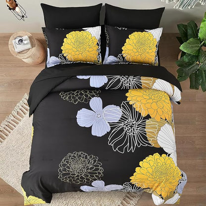 7 Pieces King Yellow Black Comforter Set Bed in a Bag Floral Bedding Set Soft Microfiber Comforter (1 Comforter 1 Flat Sheet 1 Fitted Sheet 2 Pillowshams 2 Pillowcases)