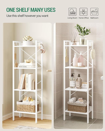 Bookshelf, Book Shelf, Industrial Bookcase with 2 Hooks, Coner Shelf Storage Organizer for Home Office, Living Room, Bedroom, Kitchen, 4-Tier White BC10413W