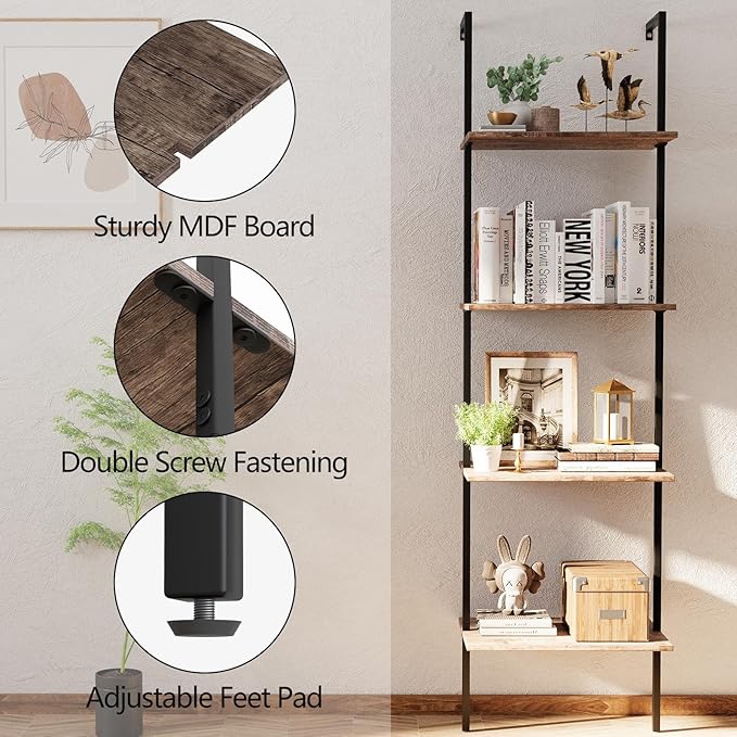 Ladder Shelf 4 Tiers Metal Industrial Bookshelf,Brown Wood Tall Open Storage Rack and Display Shelves,Wall Mount Wide Book Case for Home Office Bedroom,Small