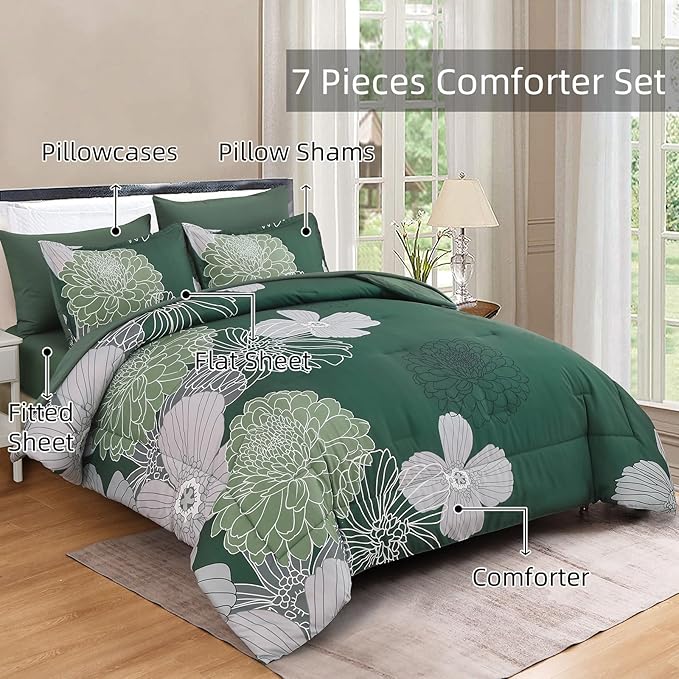 Yiran 7 Pieces Queen Floral Comforter Set,Emerald Green Bed in a Bag Flowers Comforter,Soft Microfiber Bedding Set with Comforter, Sheets, Pillowcases & Shams 90"×90"