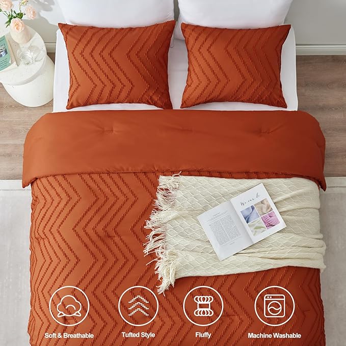 CozyLux King Size Comforter Set Burnt Orange - 3 Pieces Terracotta Boho Tufted Shabby Chic Bedding Comforter Set for All Seasons, Chevron Bedding Sets with Comforter & 2 Pillow Shams