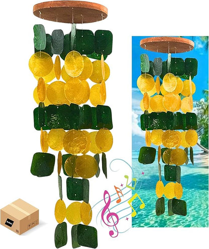 Bellaa 24896 Wind Chimes Outdoor, Garden Decorations, Musical, Indoor/Outside Windchimes, Beach, Ocean Breeze, Gifts for Mom, Gift for All Occasions, Capiz Sea Glass Shells Wood Yellow Green