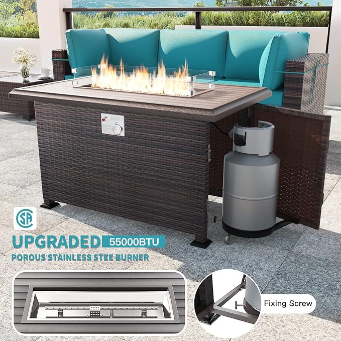 Kullavik 15PCS Outdoor Patio Furniture Set with 43" 55000BTU Gas Propane Fire Pit Table PE Wicker Rattan Sectional Sofa Patio Conversation Sets w/8 Coner Sofas,Blue