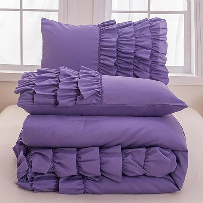 Lavender Princess Ruffle Comforter, Purple Twin Comforter Set for Girls (1 Ruffled Comforter and 2 Pillowcases), 3 Pieces Vintage Rustic Purple Bedding Set for Girls Kids