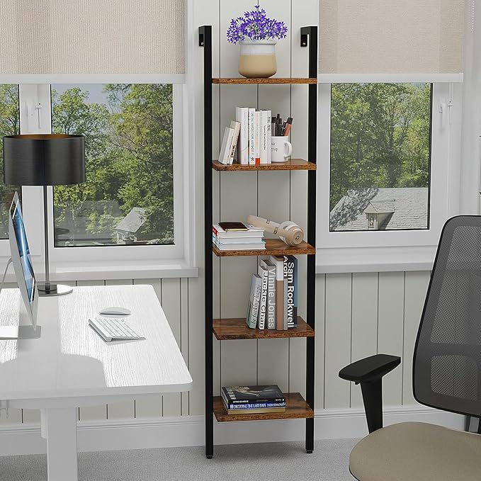 YMYNY 5 Tiers Ladder Bookcase, Industrial Wall Mounted Bookshelf, Open Display Rack with Metal Frame, Wooden Storage Shelves for Bedroom, Home Office, Plant Stand, Rustic Brown, 70*17.3*11.8"UHBC015H