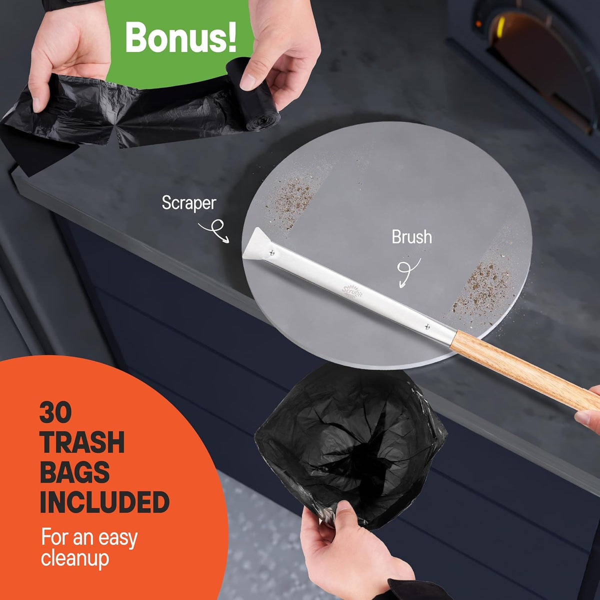 SCRUBIT 26" Pizza Oven Brush with Scraper, Heat Resistant - Stainless-Steel 2-in-1 Pizza Stone Brush with Pizza Stone Cleaner, Includes 2 Brush Heads and 30 Waste Bags - Works with Ooni Pizza Oven