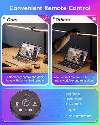 Brightown LED Desk Lamp with Clamp for Home Office, Double Head Color Changing Desk Lights with Remote, 24W Ultra Bright Multicolor Table Lamp with Rotatable Swing Arms for Gaming Computer, RGB Mode