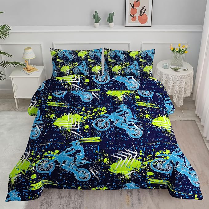 Axolotl Boys Dirt Bike Bedding Set Twin,Dirt Bike Comforter Set,Extreme Sports Tie Dye Bedding Set Motor Biker,Motocross Rider Comforter Set for Boys Kids Teens Men,1 Quilt 2 Pillowcases,Blue Green