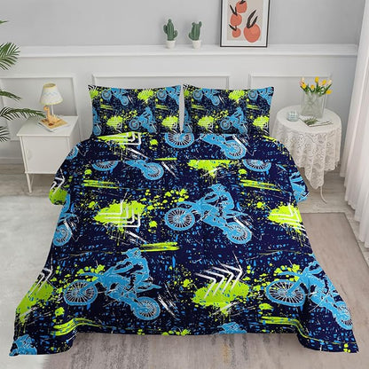 Axolotl Boys Dirt Bike Bedding Set Full,Dirt Bike Comforter Set,Extreme Sports Tie Dye Bedding Set Motor Biker,Motocross Rider Comforter Set for Boys Kids Teens Men,1 Quilt 2 Pillowcases,Blue Green