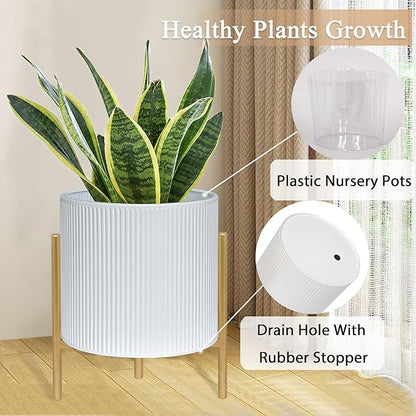 ARNIS Modern Planter Pots, Set of 2 Round Large Planters with Stand, Decorative Floor Planters, Metal Pots with Drainage Holes for Living Room, Office, Garden or Balcony, 8.25 &10.5 Inch, White & Gold