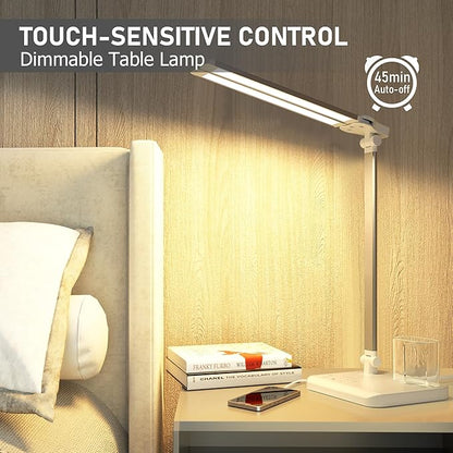 LED Desk Lamp Dimmable Table Lamp with USB Charging Port, 50 Lighting Modes, Adjustable Foldable Dual Swing Arm Architect Desk Lamp for Home Office, Eye-Caring Reading Lamp w/ Pen Holder 45min Timer