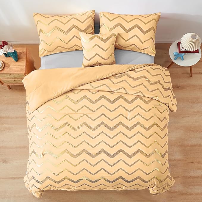 Yellow Gold Comforter Set Queen Size Metallic Bedding Set for Girls Lightweight Microfiber Comforter Set,4 Piece (2 Matching Sham + 1 Decorative Pillow)
