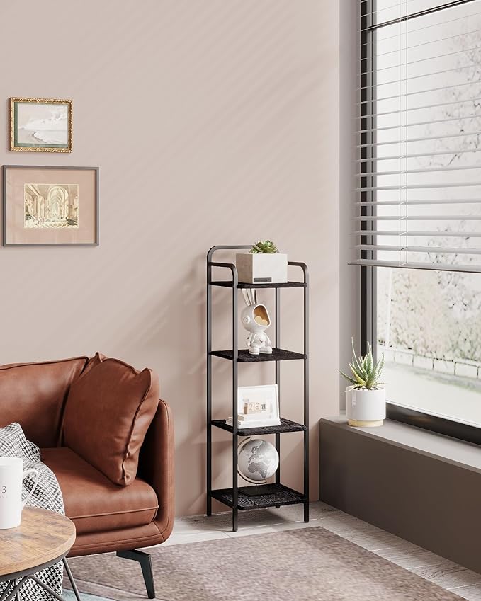 Bookcase Bookshelf, 4-Tier Narrow Book Shelf, Industrial Coner Shelf Storage Organizer, Slim Shelving Unit for Home Office, Living Room, Bedroom, Kitchen, Black BC24404B
