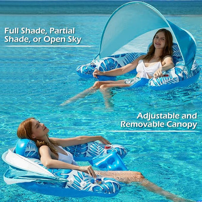Jasonwell Pool Float with Canopy - Inflatable Pool Floaties Adult Floating Pool Chair Lounge Floats for Swimming Pool Water Chair Pool Lounger with Cup Holders Pool Toy Party Floaty for Adults