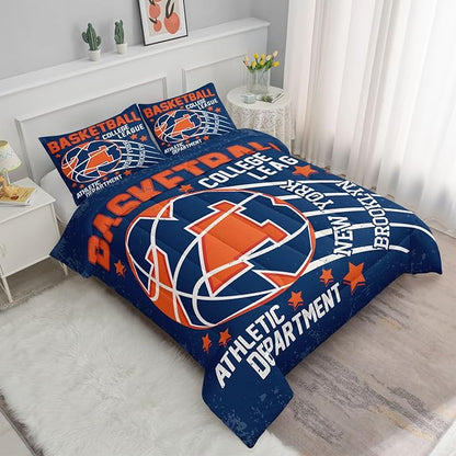 Datura home Basketball Comforter Sets for Boys Kids,Orange Blue Theme Basketball Championship American Style,Duvet 3Pcs in Quilt Sets with 1 Comforter and 2 Pillowcases(Orange Twin)