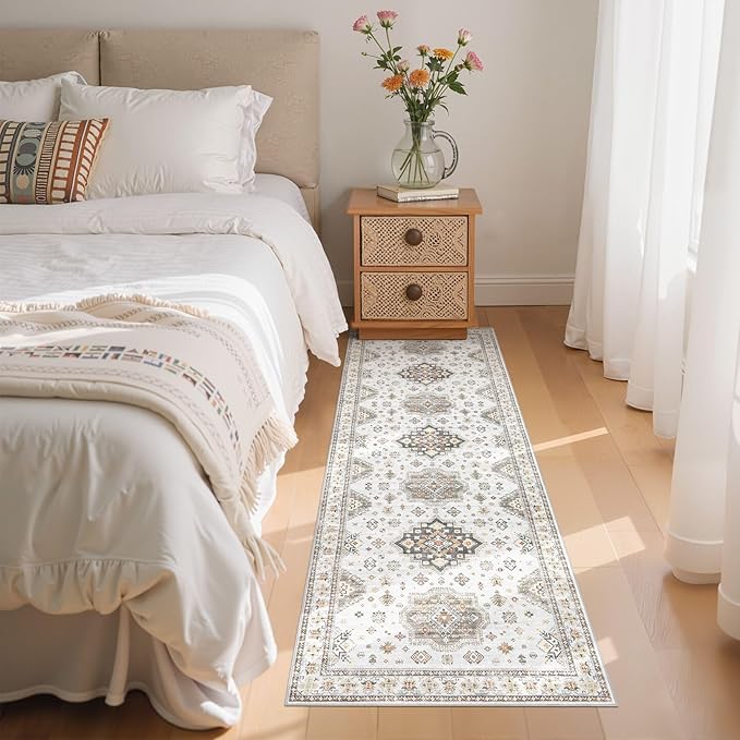 Washable 2x6 Runner Rug - Area Rugs Neutral Vintage Distressed Floral Farmhouse Boho Large Soft Floor Rug Indoor Carpet for Hallway Entryway Bedroom Kitchen - Blue Brown