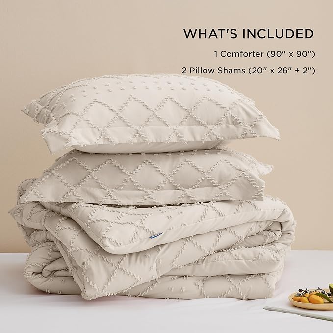 Bedsure Queen Comforter Set - Beige Comforter, Boho Tufted Shabby Chic Bedding Comforter Set, 3 Pieces Vintage Farmhouse Bed Set for All Seasons, Fluffy Soft Bedding Set with 2 Pillow Shams