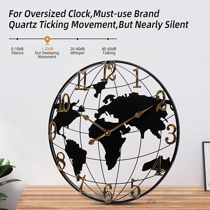 Extra Large World Map Wall Clock - 40 Inch Minimalist Modern Round Metal Silent Non-Ticking Battery Operated for Living Room Office Farmhouse Home Decor