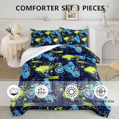 Axolotl Boys Dirt Bike Bedding Set Queen,Dirt Bike Comforter Set,Extreme Sports Tie Dye Bedding Set Motor Biker,Motocross Rider Comforter Set for Boys Kids Teens Men,1 Quilt 2 Pillowcases,Blue Green
