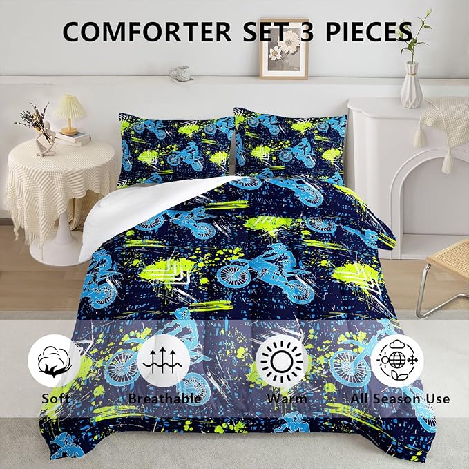 Axolotl Boys Dirt Bike Bedding Set Twin,Dirt Bike Comforter Set,Extreme Sports Tie Dye Bedding Set Motor Biker,Motocross Rider Comforter Set for Boys Kids Teens Men,1 Quilt 2 Pillowcases,Blue Green