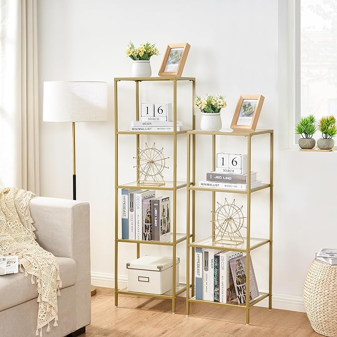5-Tier Bookshelf,Metal Bookcase,Tempered Glass Shelves,Storage Rack Shelf for Home Office,Living Room,Bedroom, Bathroom,Modern Style,Golden