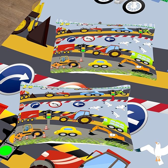 Tailor Shop Construction Vehicle Truck Comforter Set Queen Size，Cartoon Excavator Bedding Sets Comforter Cover for Boys Childs Kids Teens ，Tractor Mixer Room Decor with 1 Comforter 2 Pillowcases