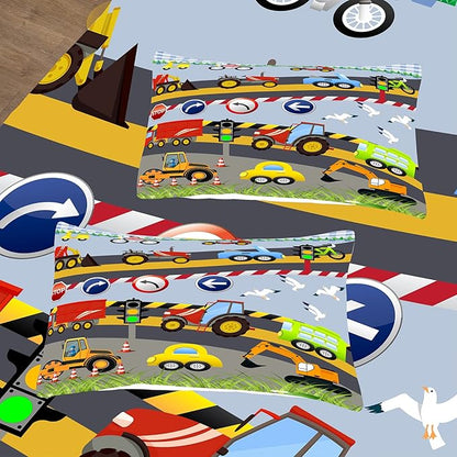 Tailor Shop Construction Vehicle Truck Kids Comforter Set Twin Size，Cartoon Excavator Bedding Sets Comforter Cover for Boys Childs Teens ，Tractor Mixer Room Decor with 1 Comforter 1 Pillowcases…