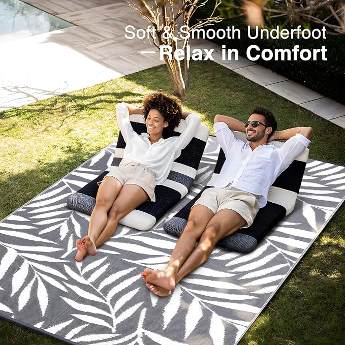 OLANLY Waterproof Outdoor Rug 6x9 ft, Reversible Outdoor Plastic Straw Rug with Leaf Pattern, RV Mat, Indoor Outdoor Carpet for Patio, Camping, Balcony, Deck, Backyard, Grey & White