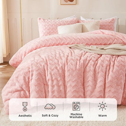 Andency Pink King Size Comforter Set, 3 Pieces Fleece Fuzzy Fluffy Bedding Set, Plush Shaggy Faux Fur Warm Bed Set