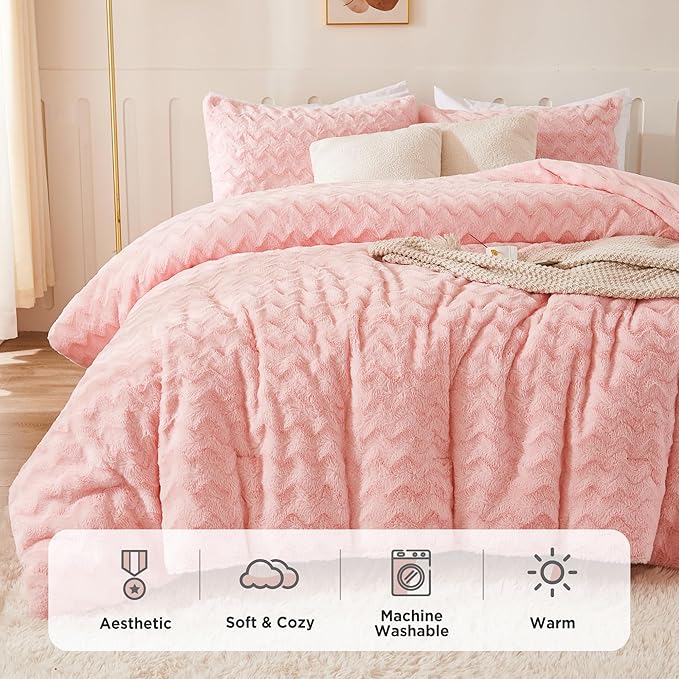 Andency Pink Fleece Comforter Set Full, 3 Pieces Fuzzy Shaggy Plush Sherpa Bedding Comforter Set Women Girls, Solid Fluffy Faux Fur Bed Comforter Set for Winter