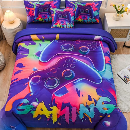 Aimuan Gaming Comforter Sets for Boys Kids Bedding Sets Video Games Console Action Buttons Novelty Colorful Game Gamepad Controller Modern Gamer Room Decor Home Quilt Set (Twin 6 Pcs,Purple)