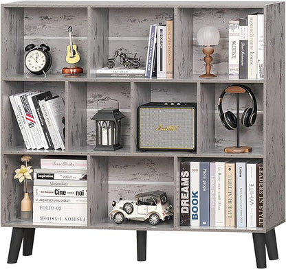 LEYAOYAO 10 Cube Bookshelf,3 Tier Modern Wide Bookcase with Legs,Mid-Century Wood Bookshelves Storage，Retro Grey Large Book Case,Freestanding Organizer Display Shelf for Bedroom,Living Room,Office