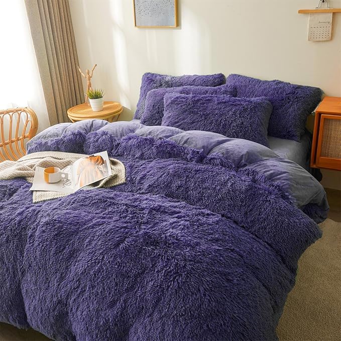 Fluffy Faux Fur navy blue Comforter Cover Set Queen - Ultra Soft Plush navy blue Bedding Sets 3 Pieces (1 fluffy duvet cover + 2 Faux Fur Pillow case) Cute navy blue Bed Set (Dark Blue, Queen)