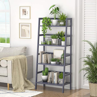 Homykic Bamboo Ladder Shelf 4-Tier Bookshelf, 49.2” Freestanding Open Bookcase Book Shelf Bathroom Storage Shelf Unit Plant Stand for Living Room, Bedroom, Small Space, Home Office, Blue Grey