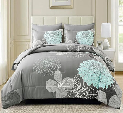 Yiran 7 Pieces Bed in a Bag Floral Comforter Set Green Flowers Bedding Set Soft Microfiber King Comforter Sets with 1 Comforter 1 Flat Sheet 1 Fitted Sheet 2 Pillowshams and 2 Pillowcases