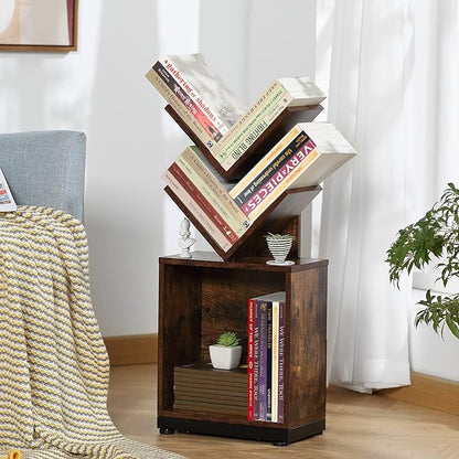 ruboka 2-Shelf Tree Bookshelf with Storage, 26.5-Inch Retro Floor Standing Bookcase Display for CDs/Magazine/Books, Small Bookshelf for Bedroom, Living Room, Office, Brown Storage Shelves